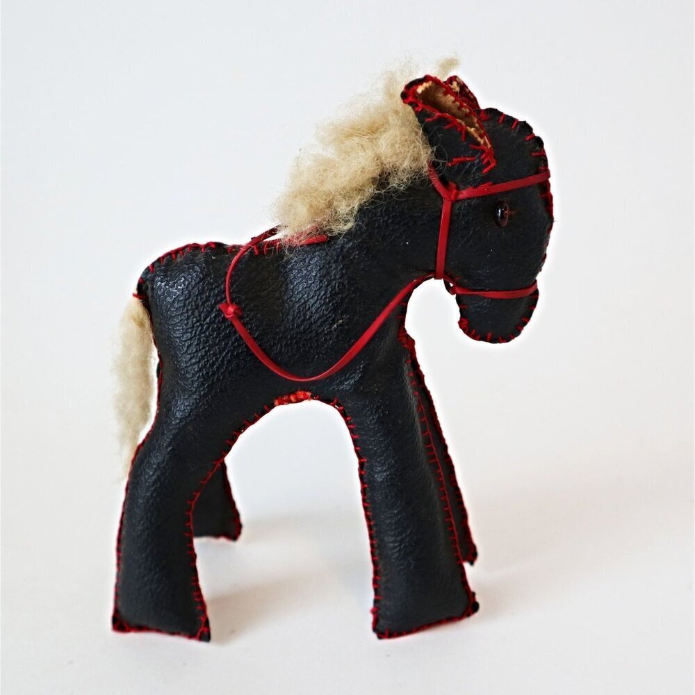 Vintage Black Faux Leather Donkey Hand Made Glass Eyes Small Toy 1940's